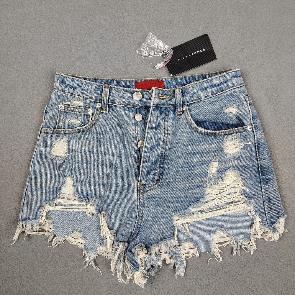 Signature Denim Shorts Women Small 2 Destroyed High Rise Cutoff Jorts Button Fly